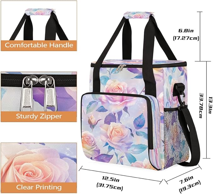 Pink Roses Coffee Maker Carring Bag Travel Carrying Storage Tote Bag Compatible with Keurig K-Mini or K-Mini Plus Portable Single Serve Coffee Brewer Case with Pockets for K-cup Pods