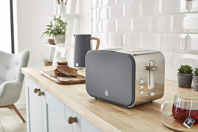 Swan Nordic Toaster 2 Slice with Extra Wide Slots for Bagels Waffles Breads Cancel Defrost and Bagel Function 6 Brown Settings Slate Grey (ST14610GRYN)