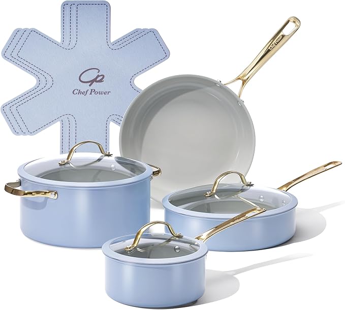 Chef Power Ceramic Cookware Sets 10Pcs Pots and Pans Set Non Stick Cookware Set with Stainless Steel Handle Dishwasher &amp Oven Safe Blue Gray and Granite Grey