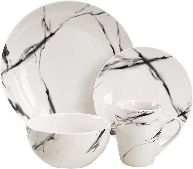 American Atelier Marble Black Coup Casual Round Porcelain Dinnerware Set-16 Piece Party Collection w/ 4 Dinner Salad Plates 4 Bowls &amp 4 Mugs 10.5 Updated White