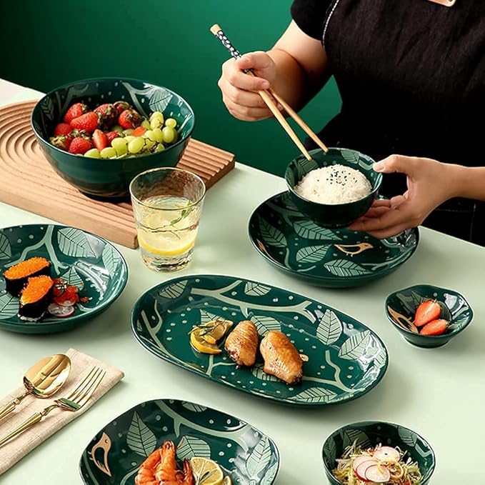 22 Pcs Dinnerware Sets European Style Porcelain Tableware Set With Plates And Bowls Green Golden Ceramic Dinner Set For Home Kitchen
