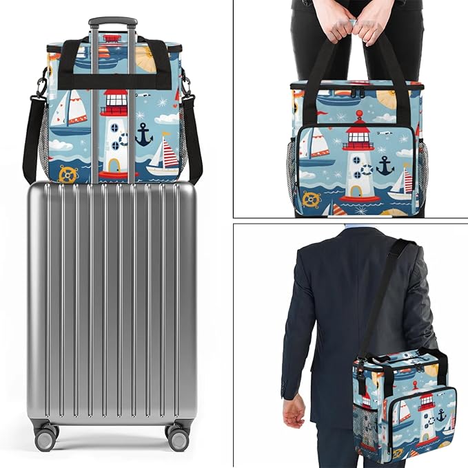 Cartoon Ship Lighthouse Coffee Maker Travel Bag for Keurig K-Mini/K-Mini Plus Insulated Waterproof Tote with Pockets Portable Single-Serve Brewer Case