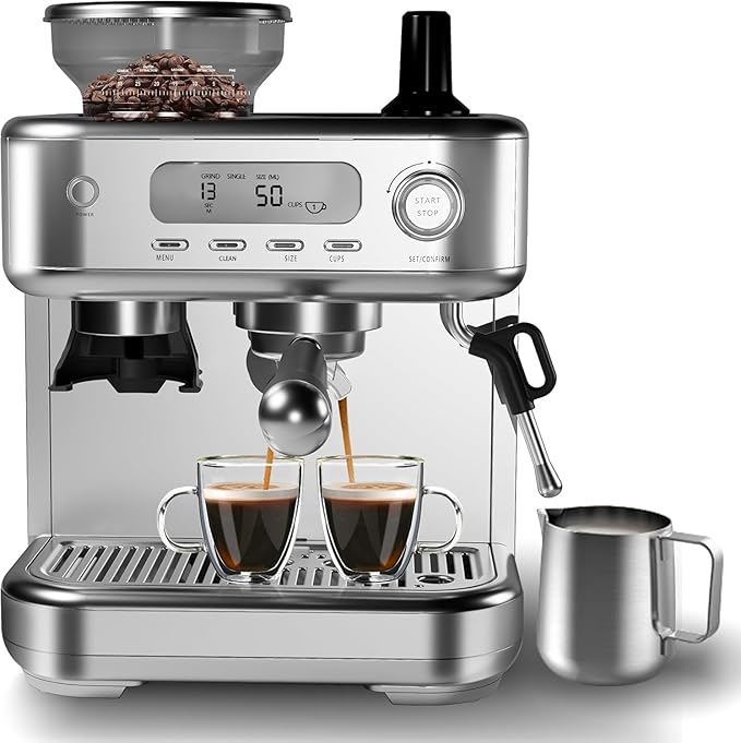 Garvee Espresso Machine Built-In Grinder High Power Milk Frother Digital LCD Stainless Steel (Single/Double Brew)