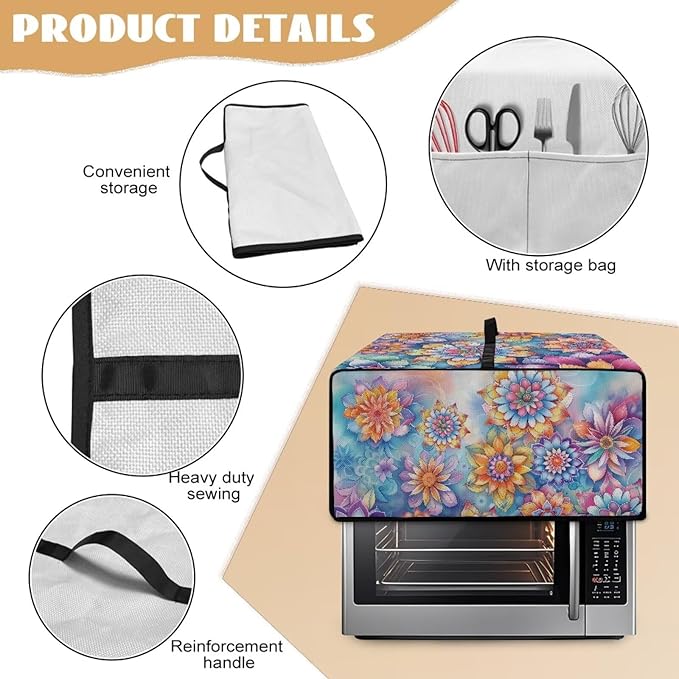 Heat-Resistant Toaster Oven Cover Faux Linen Polyester Appliances Dust Cover for Convection Toaster Oven Air Fryer with Top Handle Side Pockets Mandala Flower