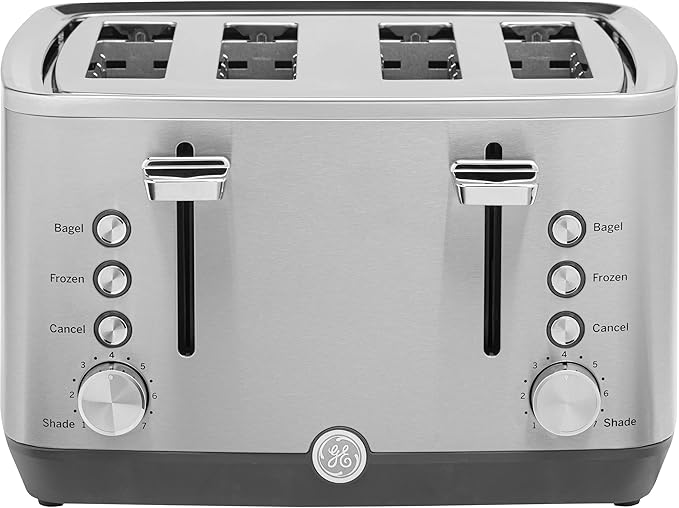 GE Stainless Steel 4 Slice Toaster | Extra Wide Slots for Bagels Breads Waffles &amp More | 7 Shade Options | Countertop Kitchen Essentials | 1500 watt