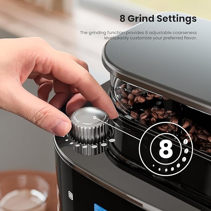 10-Cup Drip Coffee Maker with Built-in Grinder Programmable Grind &amp Brew Combo Coffee Machines with LED Touchscreen 24H Timer 2-Hour Warm Plate Black
