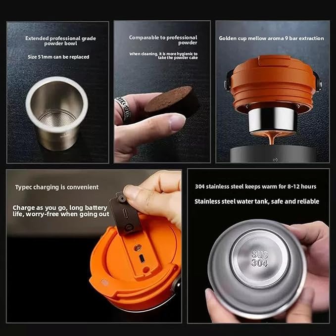 Diydeg Coffee Mug Portable Mini Electric Fast Extraction Stainless Steel Coffee Maker USB Charging Compact Coffees Brewer with Lid and Built In Coffees Extraction for Travel