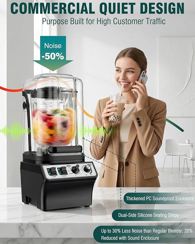 WantJoin Commercial Blender- 80Oz Quiet Smoothie Blender with Soundproof Shield Professional Ice Crusher Heavy Duty with Self-Cleaning High-speed Ice Drink Maker for Restaurant Bars Café Home