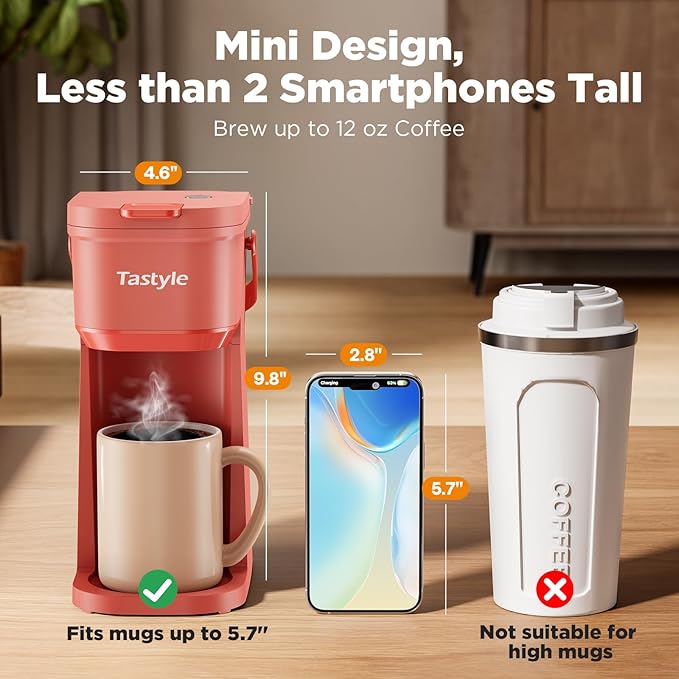Single Serve One Cup Coffee Maker for K Cups and Grounds Mini Coffee Maker with Portable Handle 6 to 12 Oz Brew Size for Travel Camping Office RV and Dorm 120V Salmon Pink