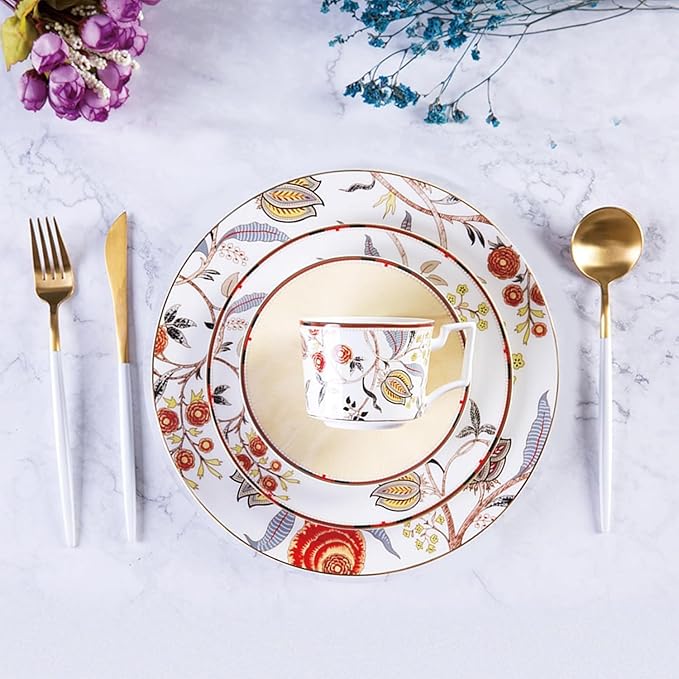 28 Piece Dinnerware Sets Bone China Dinner Plate Coffee cup set Scratch Resistant Microwave Oven Dishwasher Safered flowers