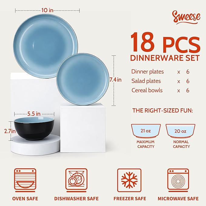 Sweese Porcelain Dinnerware Set of 6 Lightweight Round Plates and Bowls Set - Dishwasher Microwave Oven Safe Scratch Resistant Dinner Sets Kitchen Dishes Set Black &amp Blue