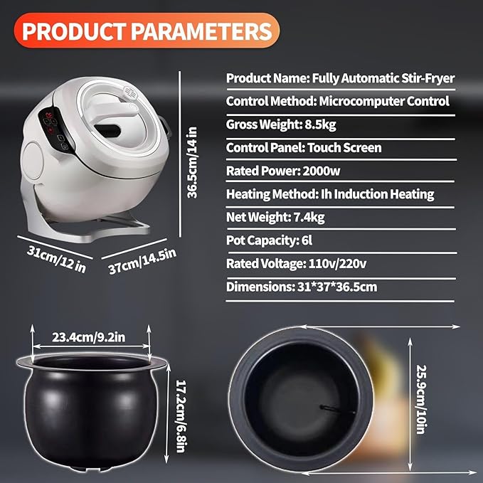 Intelligent Automatic Cooking Machine Automatic Cooking Wok Fried Rice Machine One-Click Smart Start 360° Automatic Rotation 2000W 6L