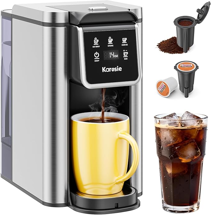 K Cup Coffee Maker Hot &amp Iced Coffee Maker for K Cup and Grounds 6-14 Oz Brew Sizes 50oz Removable Tank Single Cup Coffee Maker with Descaling Reminder Stainless Steel Black