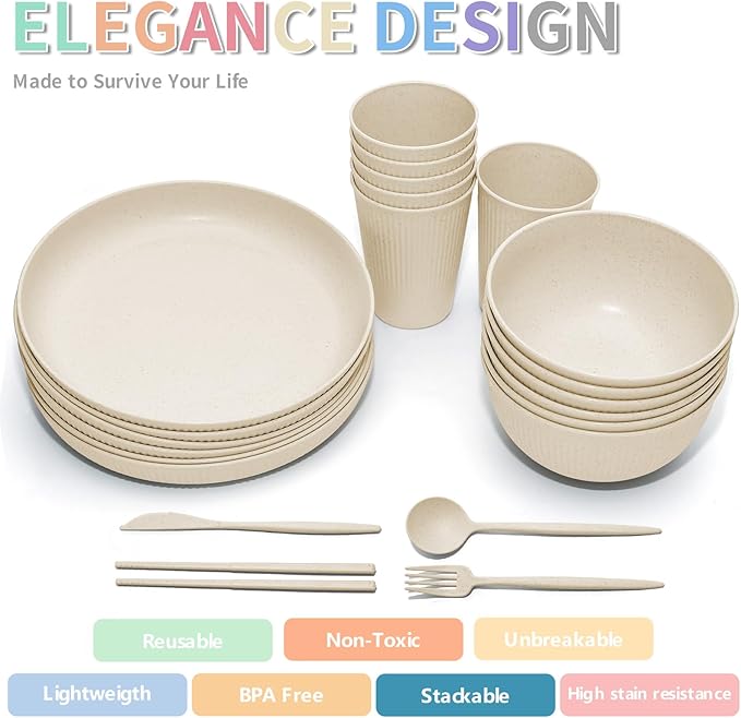 Wheat Straw Dinnerware Sets -DAPIPIK 42 Piece Unbreakable Dinnerware Sets for 6 Kitchen Plates and Bowls Set Lightweight Camping Plates Cups and Bowls Set.Dishwasher Microwave Safe Dinnerware