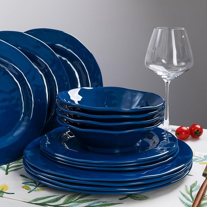 LEHAHA Blue 18-Piece Dinnerware Place Setting Melamine Dishes for Indoor and Outdoor Dining BPA Free Reusable Lightweight Dishwasher Safe Not Microwaveable