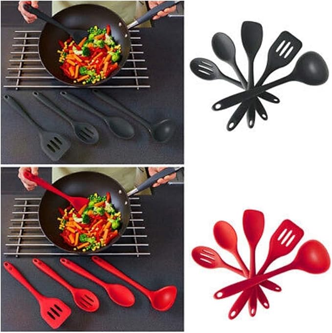 Silicone Heat Resistant Non Stick Kitchen Spatula Spoon Cooking Baking Tools Kitchen Utensils Gadgets Tool Set(Black 5pcs)