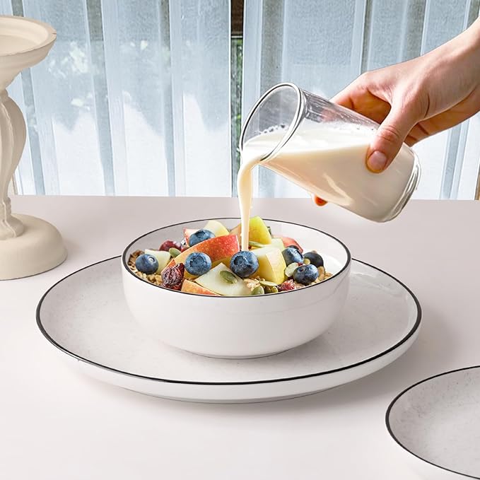 Plates and Bowls Sets for 412 Pieces Ceramic Dish set White Dinnerware Set for Kitchen Modern Design Plate Sets with Black Rim Microwave and Dishwasher Safe