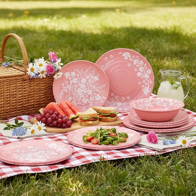 12-Piece Daisy Bamboo Melamine Dinnerware Set Pink Floral Wave-Edge Design Dishwasher Safe Ideal for Brunch Afternoon Tea &amp Cozy Family Dining