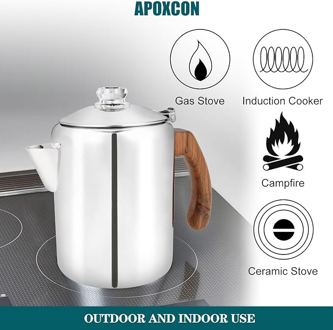 Coffee Percolator Pot Stainless Steel Coffee Maker with Tough Glass Knob &amp Fireproof Solid Wood Handle &amp Drip-Free Spout Camping Coffee Pot Using on any Stovetop NO Aluminum NO Plastic (8 Cup)