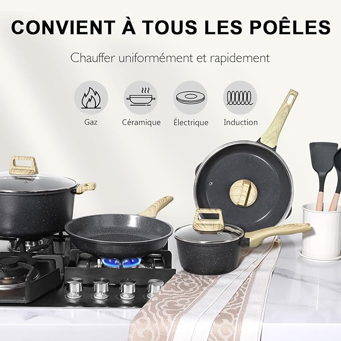 GiPP Pots and Pans Set Non Stick - 22 Pcs Grey Granite Kitchen Cookware Sets Nonstick Induction Cookware Non-toxic Cooking Pan Set with Lids PFOS and PFOA Free
