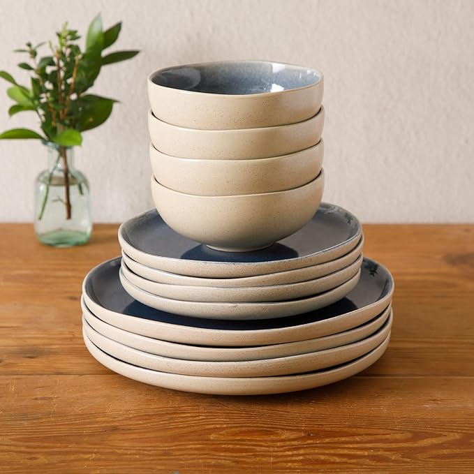 Gibson Elite Manila Bay 12-Piece Stoneware Dinnerware Set Service for 4 Reactive Glaze Modern Artisan Plates Bowls &amp Mugs Blue Round Design