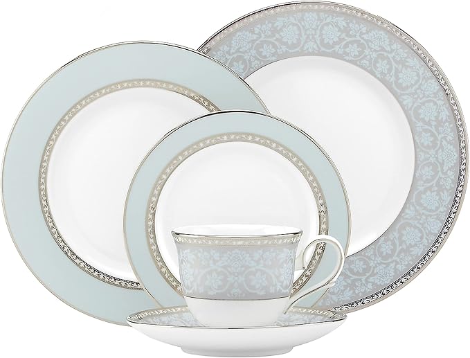 Lenox Dinnerware Set Westmore 5-Piece Place Setting Set Service for 1 Bone China Dinnerware Dishwasher And Microwave Safe Plate Saucer and Teacup Kitchen and Dining (White/Blue 5 Piece)