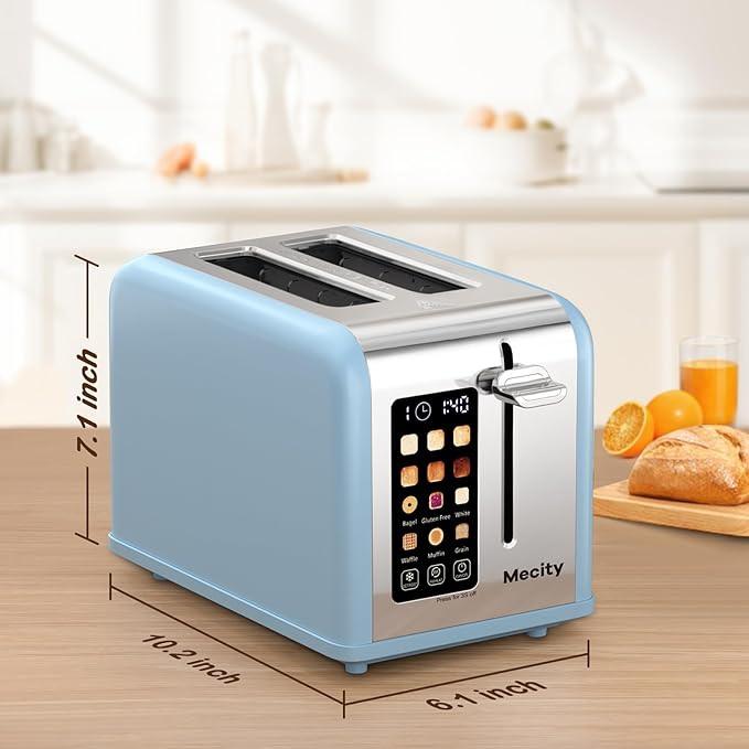 Mecity 2 Slice Touch Screen Toaster 1.5 Wide Slot Stainless Steel Smart Toaster for Bagels Muffins Waffles Gluten-Free Breads Defrost Reheat Timer 120V 825W Ice Blue