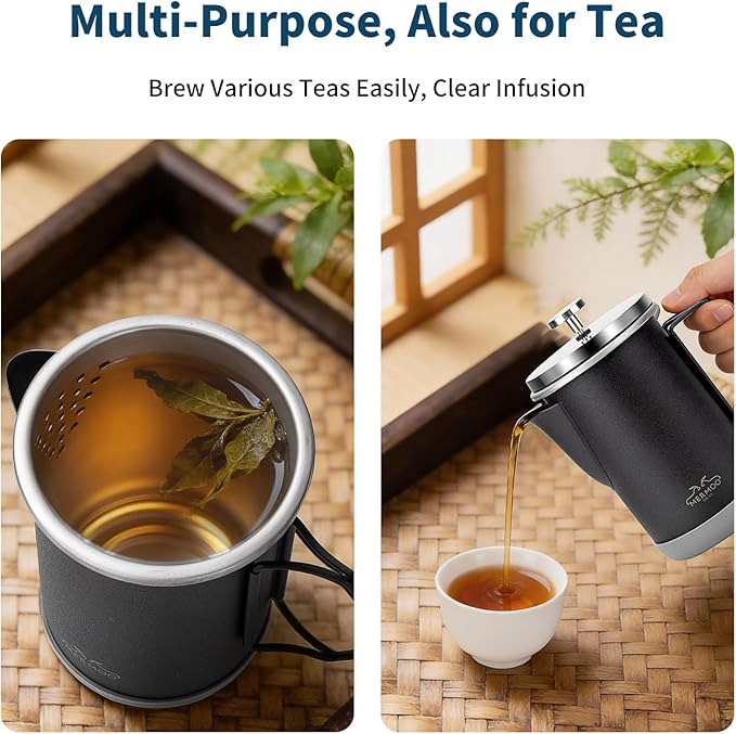 MERMOO YILAN Stainless Steel French Press Coffee Maker Manual Milk Frother 32oz for 4-6 Cup Foldable Handle Insulated Coffee Press Portable for Camping Home Use (Black)