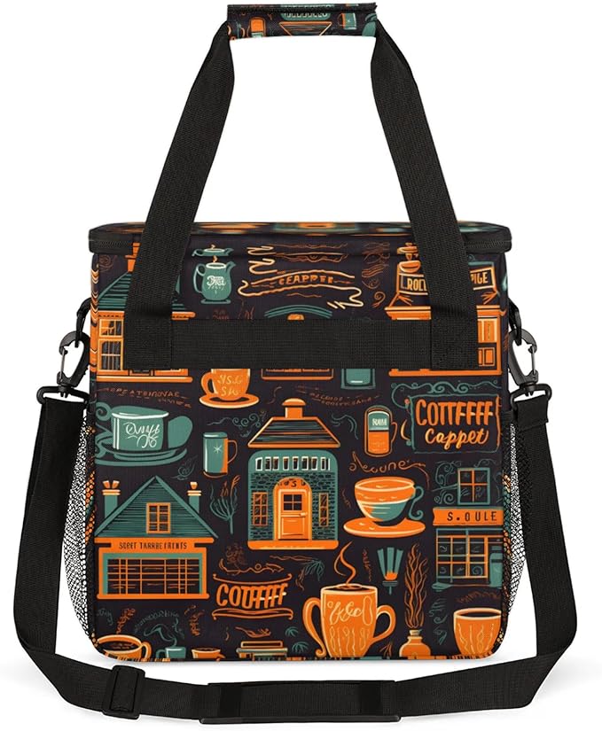 Cafe Life Themed Coffee Maker Travel Bag for Keurig K-Mini/K-Mini Plus Insulated Waterproof Tote with Pockets for K-Cup Portable Single-Serve Brewer Case