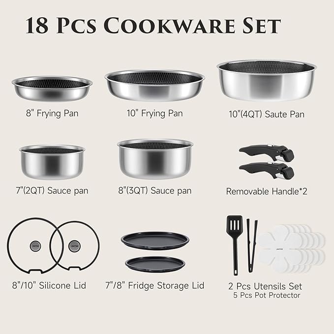 JEETEE Hybrid Tri-Ply Stainless Steel Cookware Set 18pcs Pots and Pans Set Non Stick with Detachable Handles Induction Cookware Set Kitchen Cooking Sets RV/Camping Cookware Dishwasher &amp Oven S