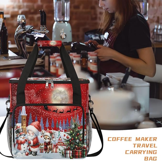 Merry Christmas Snow Scene Santa Coffee Maker Carring Bag Travel Carrying Storage Tote Bag Compatible with Keurig K-Mini or K-Mini Plus Portable Single Serve Coffee Brewer Case with Pockets