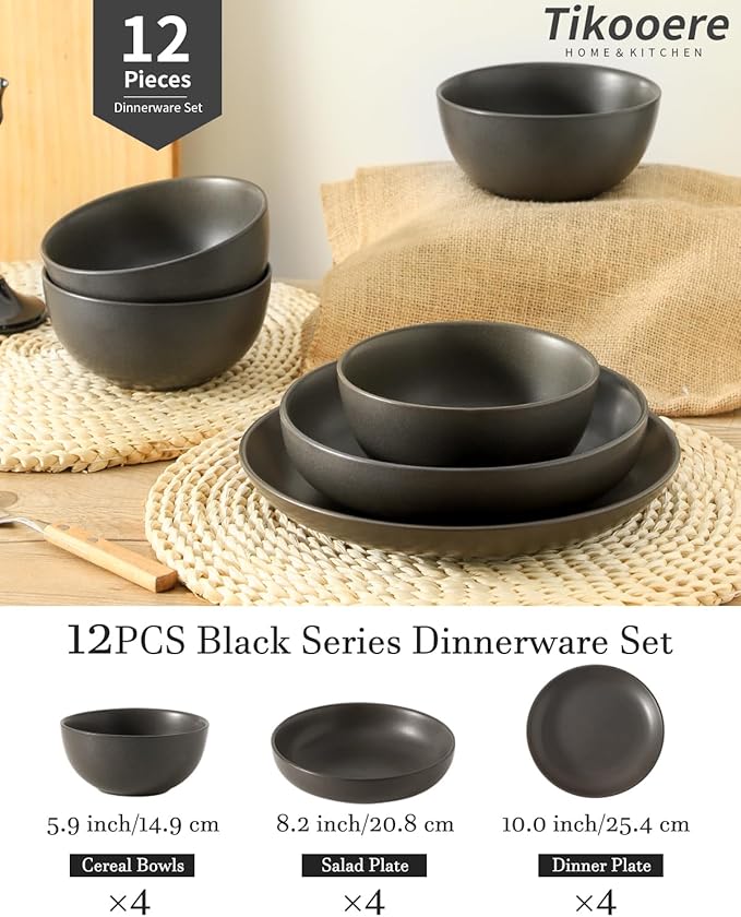 Plates and Bowls Sets 12-Pieces Stoneware Dinnerware Set Ceramic Matte Black Dishes Set for 4 Scratch Resistant Microwave and Dishwasher Safe Tableware Porcelain