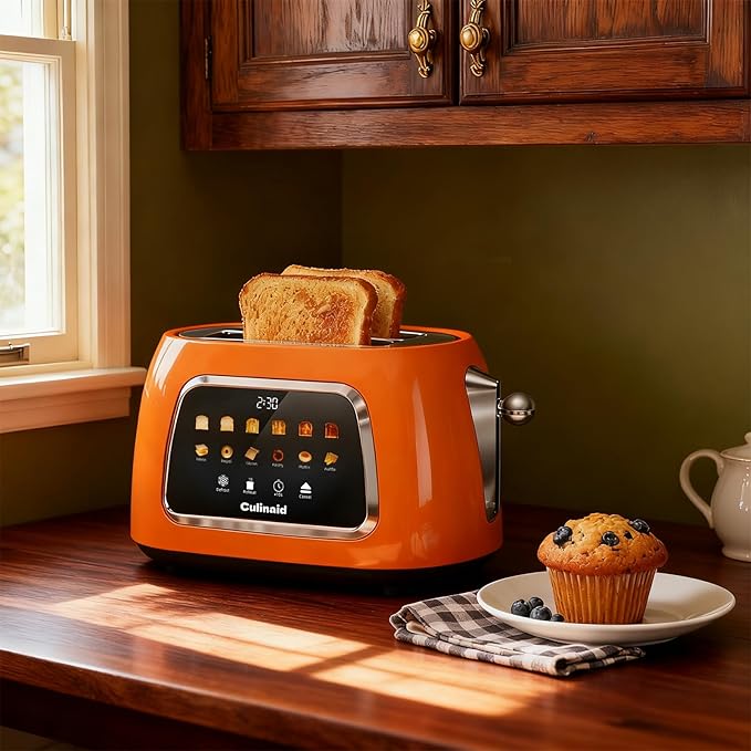 Toaster 2 Slice Smart Touch Screen Retro 1.5'' Extra Wide Slot Stainless Steel Digital Bread Toaster with Memory Function Bagel Defrost 6 Browning Level and Removable Crumb Tray Orange