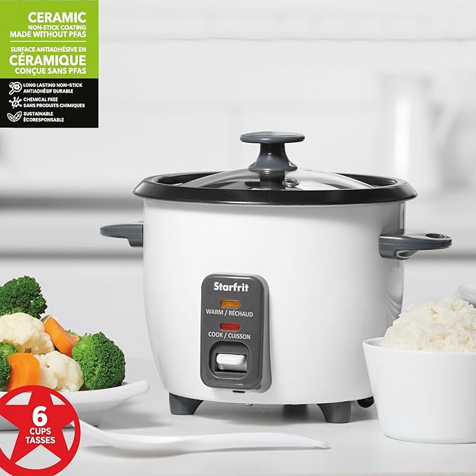 Starfrit Electric Rice Cooker - 6 Cups - Steamer Basket Measuring Cup &amp Service Spoon - 300W - Makes Perfect Rice!