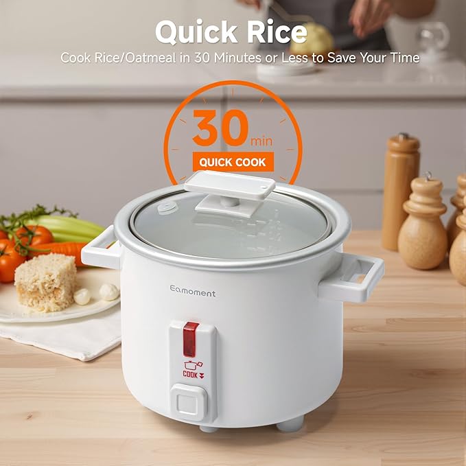Small Rice Cooker White 1.5 Quart Mini Non-Stick Coated Insert Food Steamer and Dishwasher-Safe Glass Lid and Pot White