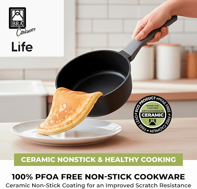 BRA COOKWARE Life 12-Piece Ceramic Cookware Set | Recycled Cast Aluminum Pots &amp Pans Set w/ 2 Pots 1 Sauté Pan 3 Pans 1 Saucepan 1 Grill 4 Lids | Ceramic Non-Stick Coating | All Stovetops