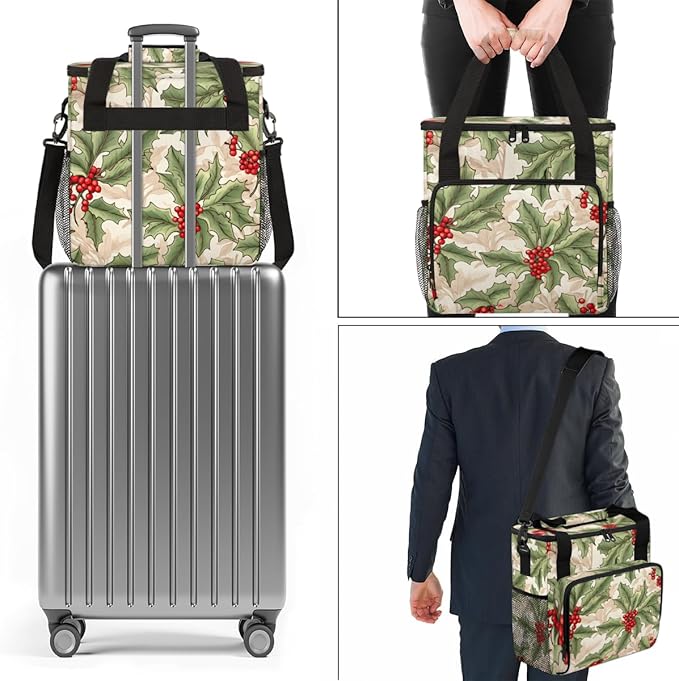 Christmas Flowers Coffee Maker Carrying Bag Glitter Flowers Travel Storage Bag Compatible with K-Mini or K-Mini Plus Single Serve Coffee Brewer Carrying Case with Multiple Pockets &amp Shoulder Str