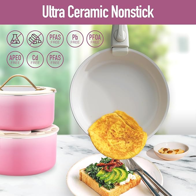 20pcs Ceramic Cookware Set Nonstick Detachable Handle Pots and Pans Set Non ToxicNo PFAS &amp PTFE &amp PFOA Dishwasher/Oven Safe RV Kitchen Set Removable Handle for Cooking Pink