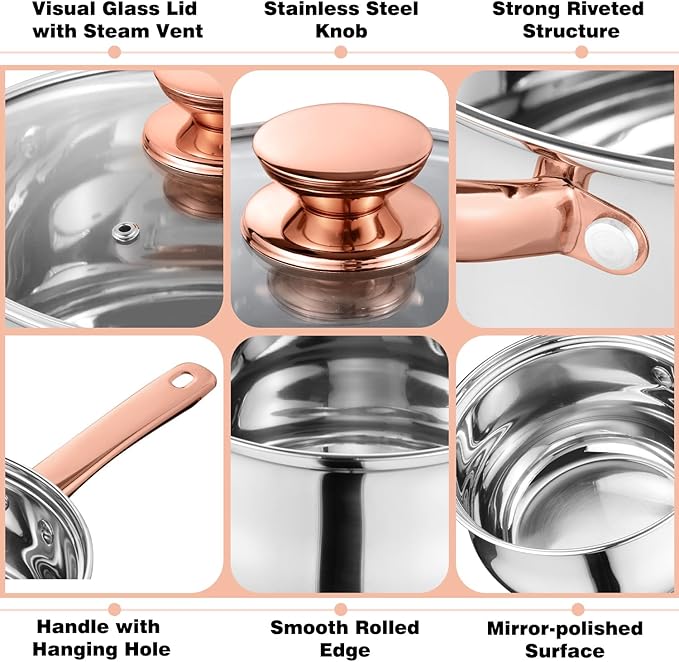 Walchoice 8-Piece Stainless Steel Cookware Set Kitchen Pots and Pans Set with Glass Lid for Cooking Kitchen Cookware Set with Utensils Induction &amp Dishwasher Safe Copper