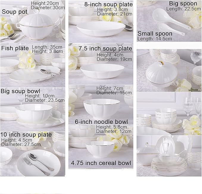 Dinner Set Porcelain Bone China Dinnerware Kitchen Dinning White Round Tableware Combination Set with Cereal Bowls Soup Plates (56 Pieces Service for 12 People)