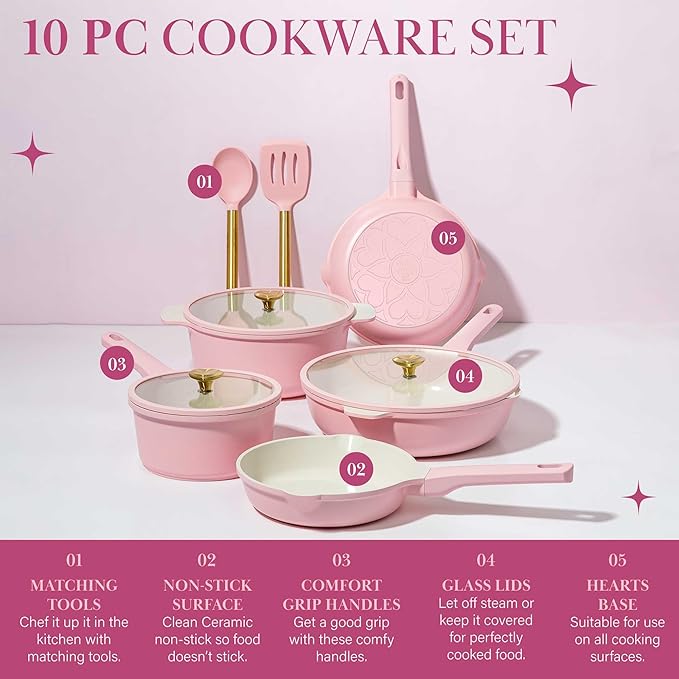 Paris Hilton Ceramic Nonstick Cookware Set Cast Aluminum with Dual Layer Nonstick Coating Gold Heart Knobs Stay-Cool Handles Made without PFAS PFOA PFOS &amp PTFE Dishwasher Safe 10-Piece Pi