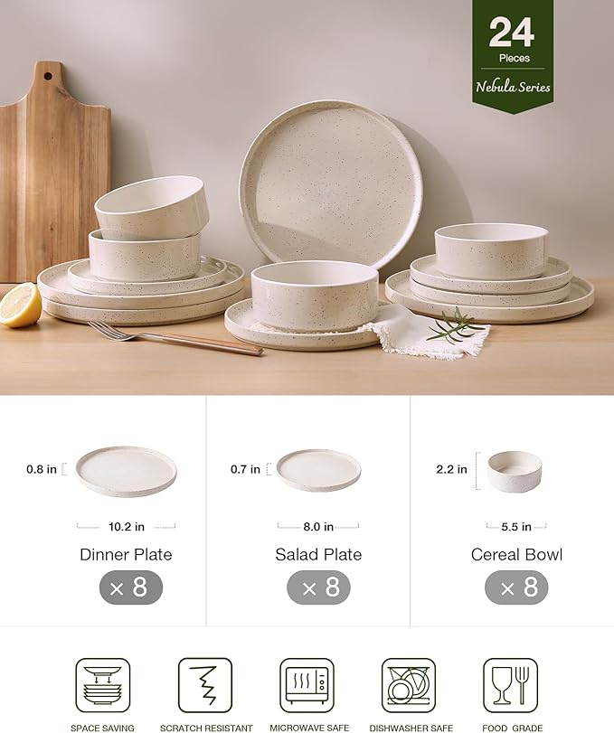 Famiware Nebula Plates and Bowls Set 24 Pieces Dinnerware Sets Dishes Set for 8 Creamy White with Colorful Speckles