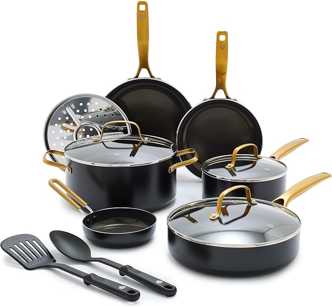Blue Diamond Gold 12 Piece Cookware Set PFAS-Free Ceramic Nonstick Pots &amp Pans Induction Ready for All Cooktops Kitchen Serving Utensils Dishwasher Safe Black