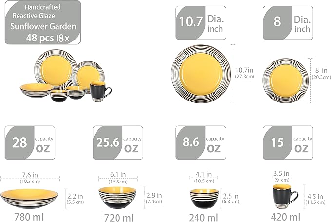 48 Piece Dinnerware Set Ceramic Plates and Bowls Sets for 8 Microwave and Dishwasher Safe Handcrafted Tree Bark Series Dish Set Sunflower/Yellow