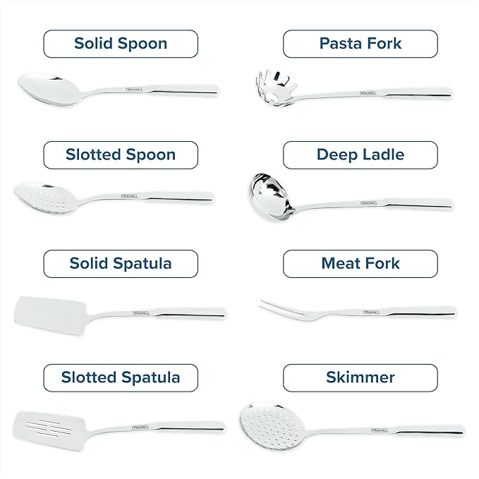 Viking Kitchen Utensils Set 8 Piece Stainless Steel Cooking Utensil Set Includes Spatulas Spoons Pasta Fork Deep Ladle Meat Fork and Skimmer Silver