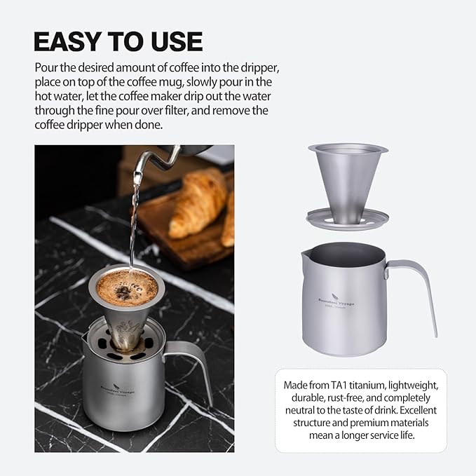 Boundless Voyage Titanium Pour-over Coffee Maker Set Coffee Mug with Reusable Detachable Dripper Manual Reusable Cone Filter for 1-2 Cups 6008P