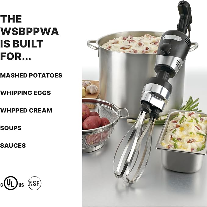 Waring Commercial Big Stix Heavy Duty Stick Immersion Hand Held Blender 10 Dual Whisk Shaft Submersible 1 HP 750 Watt Variable Speed Professional Restaurant Kitchen Grade 120V 5-15P WSBPPWA