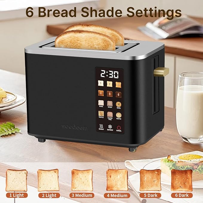 2-Slice Toaster with Touch Control 6 Shade Settings &amp 6 Bread Type 900W Removable Crumb Tray Countdown Display Smart Stainless Steel Design Black