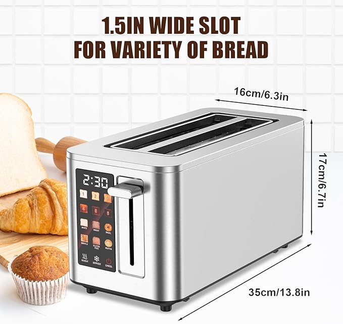 Touch Screen Toaster 4 Slice 4 Bread Types 4 Shade Settings LCD Display Extra Wide 1.5 Slots Memory Function 1400W16.54 * 8.66 * 7.48inch