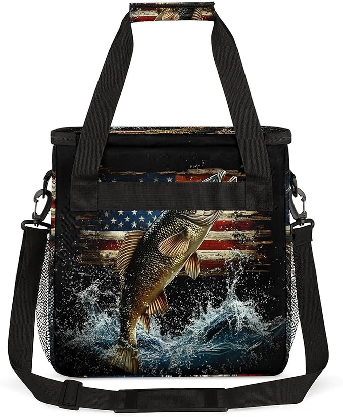 Vintage American Flag Coffee Maker Travel Bag Bass Fish Insulated Grocery Bag Travel Picnic Leakproof Cooler Bags With Shoulder Strap